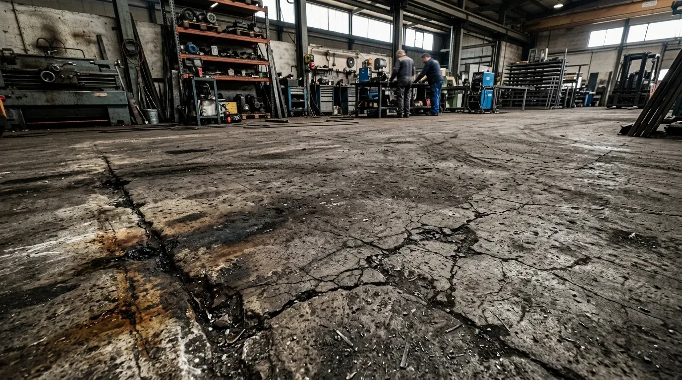 Ispucali i oštećeni industrijski betonski pod prije sanacije i ugradnje epoksi premaza